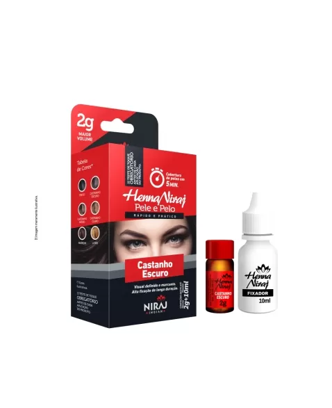 KIT HENNA SOBRANCELHAS CASTANHO ESCURO 2G + FIXADOR 10ML NIRAJ