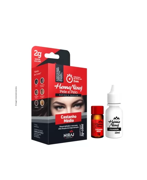 KIT HENNA SOBRANCELHAS CASTANHO MEDIO 2G + FIXADOR 10ML NIRAJ