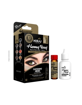 KIT HENNA SOBRANCELHAS CASTANHO MÉDIO 4G + FIXADOR 20ML NIRAJ