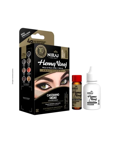 KIT HENNA SOBRANCELHAS CASTANHO MEDIO 4G + FIXADOR 20ML NIRAJ